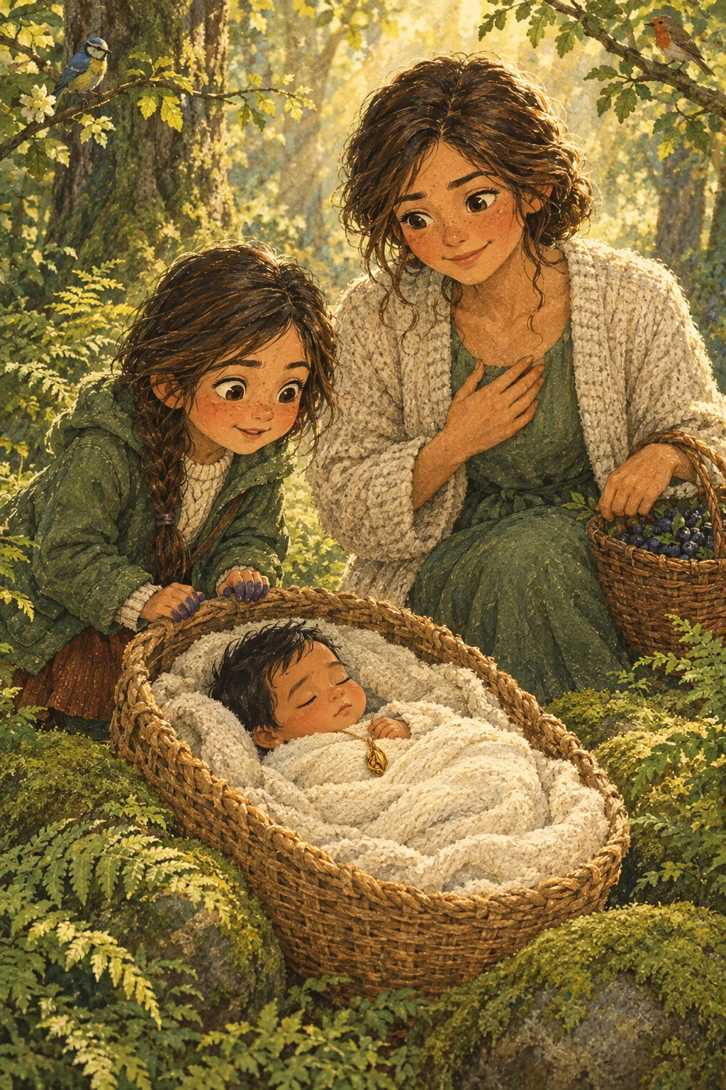 Young Elva and her mother find a baby boy in a straw basket between mossy stones and ferns.