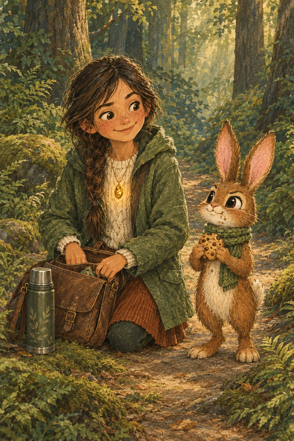 Cutie the rabbit, in his green scarf, holds a cookie and tries very hard to look cool beside Elva.