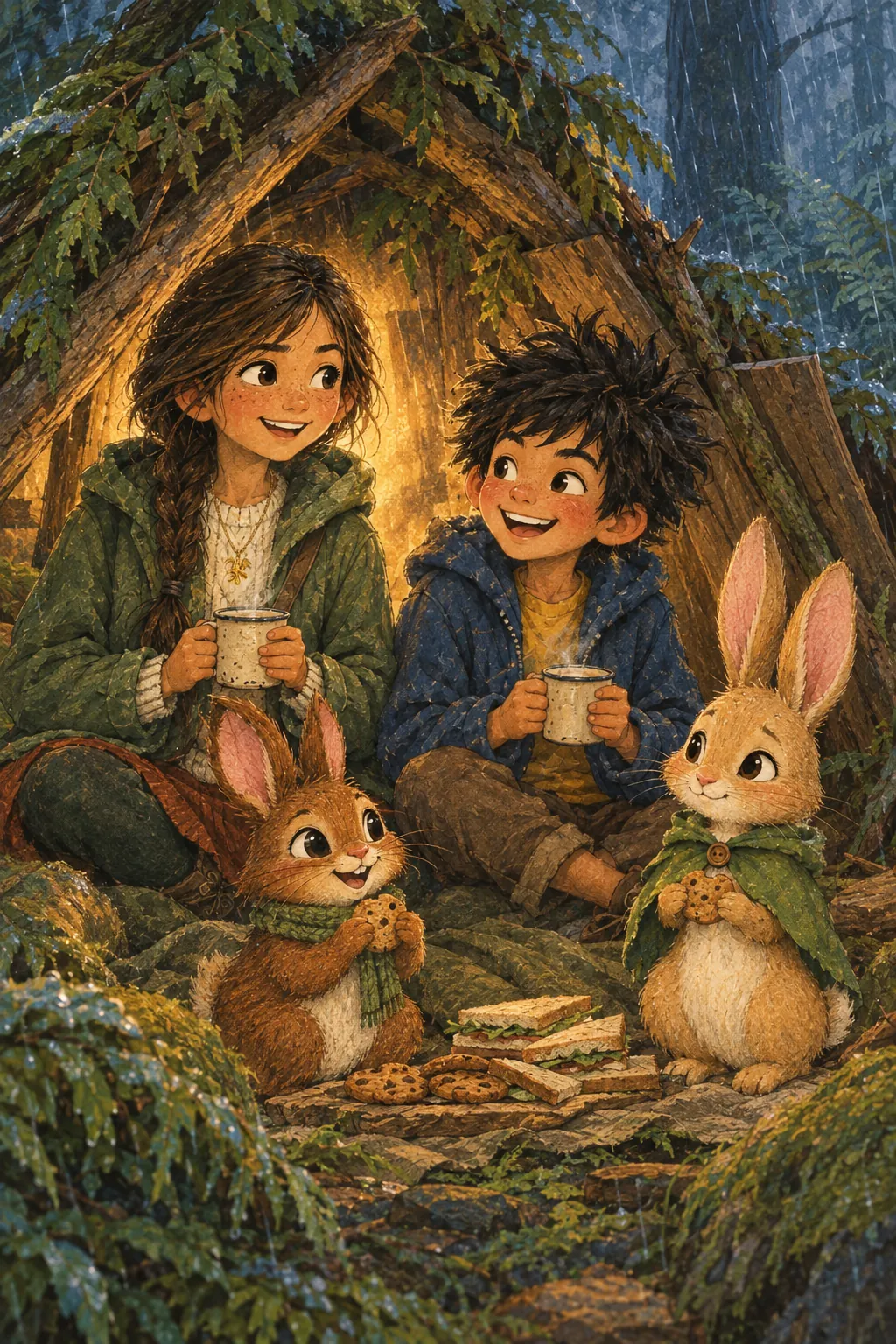 Elva, Ben and the two rabbits share hot chocolate inside a cosy fort of branches.