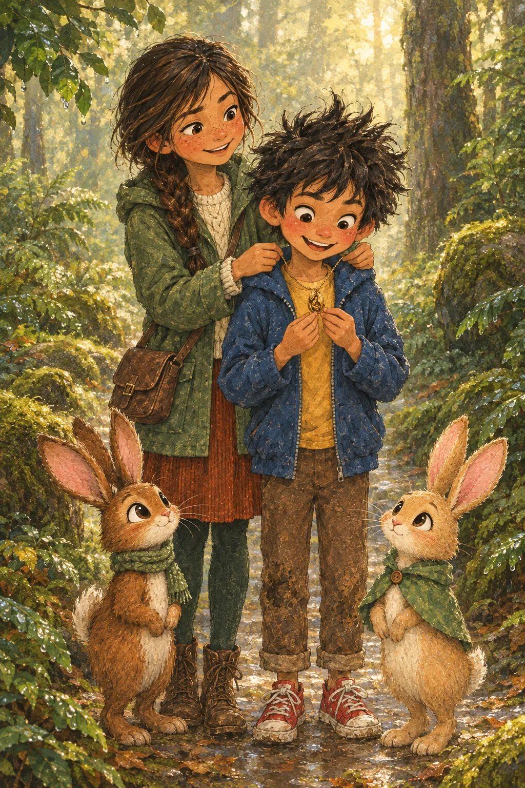 Elva places the golden dragon necklace around Ben's neck on a wet forest path.