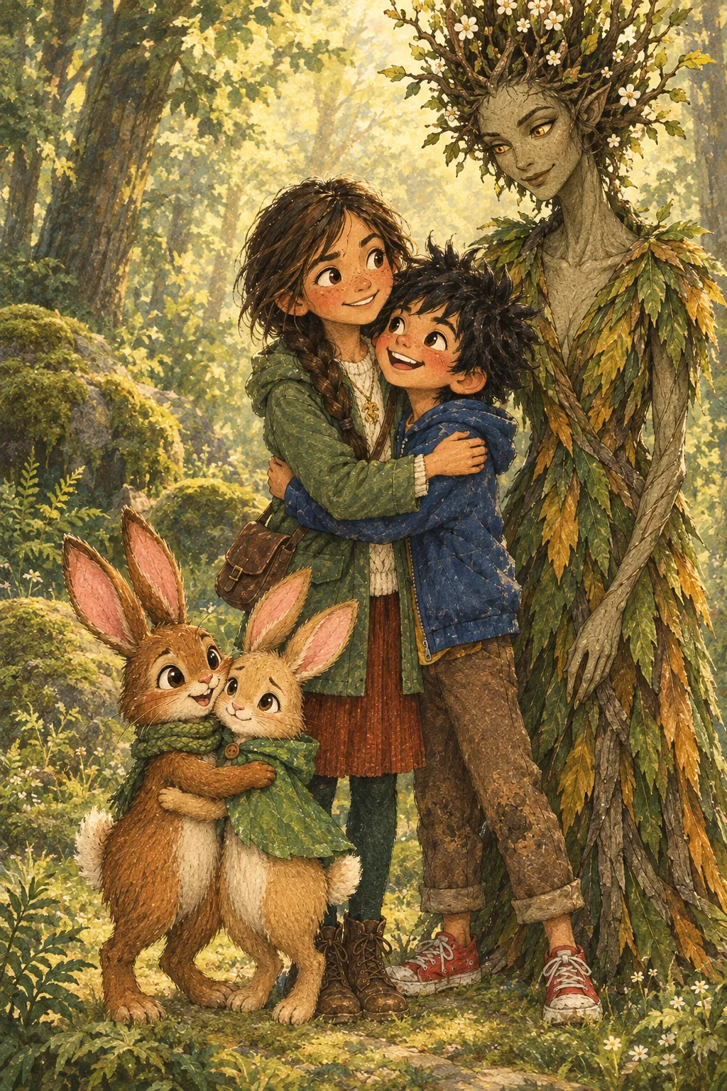 A joyful hug in a sunlit clearing while Ash Woman, guardian of the forest, watches.