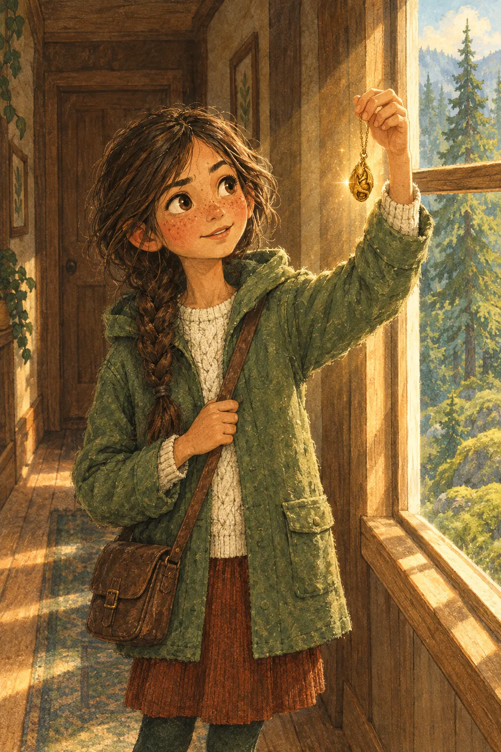 Elva holds the golden dragon necklace up to the sunlit window.